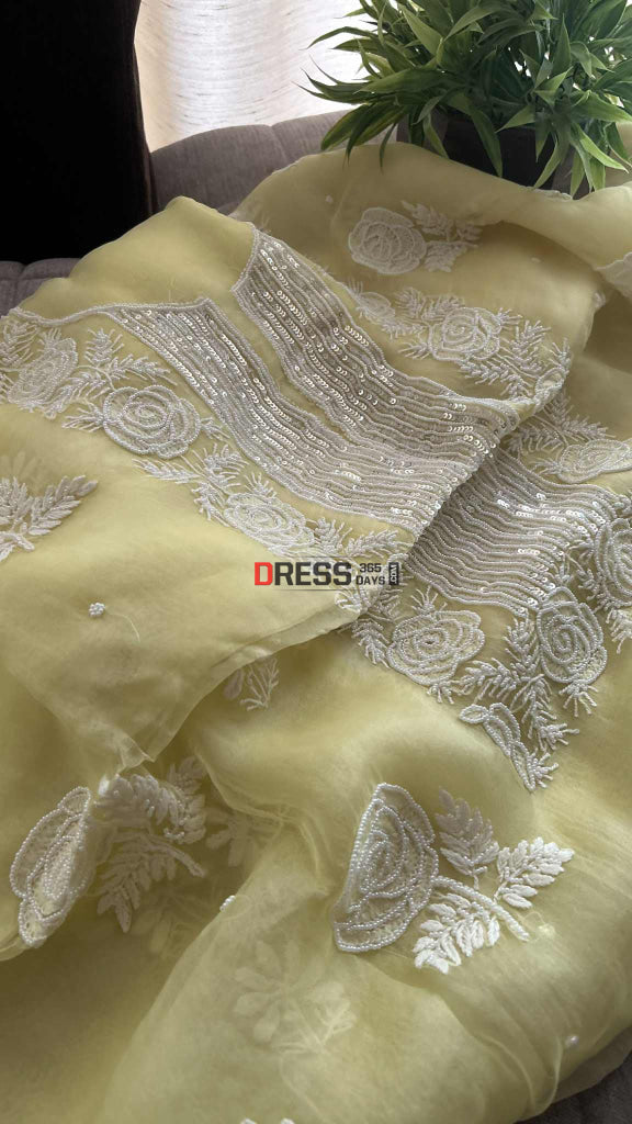 Exclusive Lemon Yellow Organza Chikankari Pearl Suit Chikankari Suits