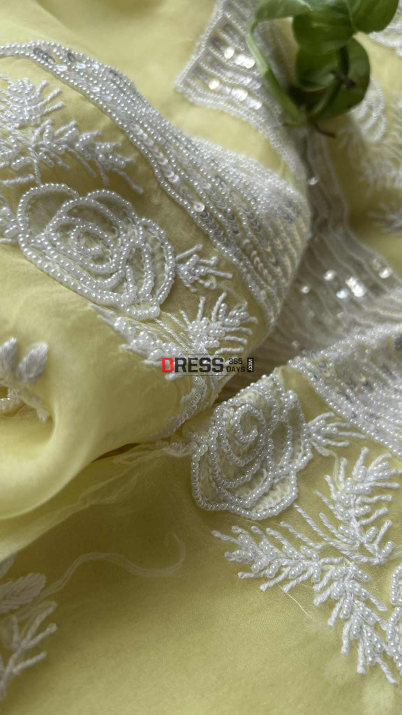 Exclusive Lemon Yellow Organza Chikankari Pearl Suit Chikankari Suits