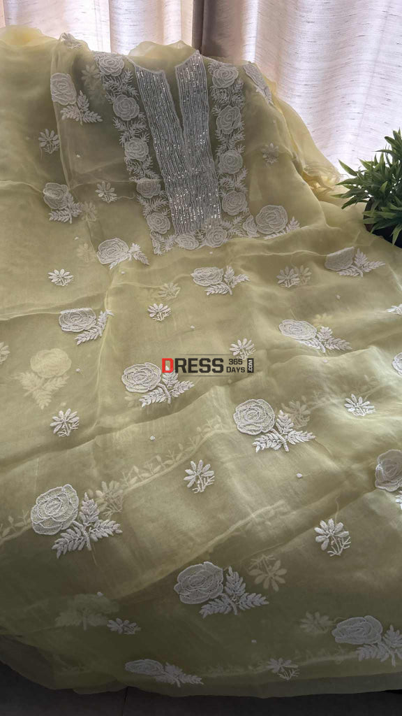 Exclusive Lemon Yellow Organza Chikankari Pearl Suit Chikankari Suits