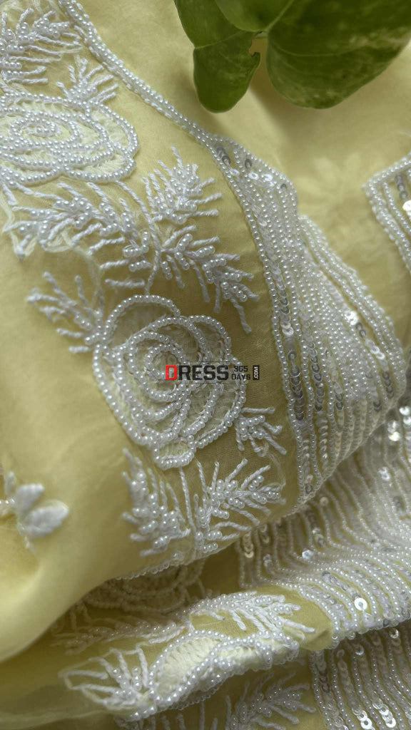 Exclusive Lemon Yellow Organza Chikankari Pearl Suit Chikankari Suits