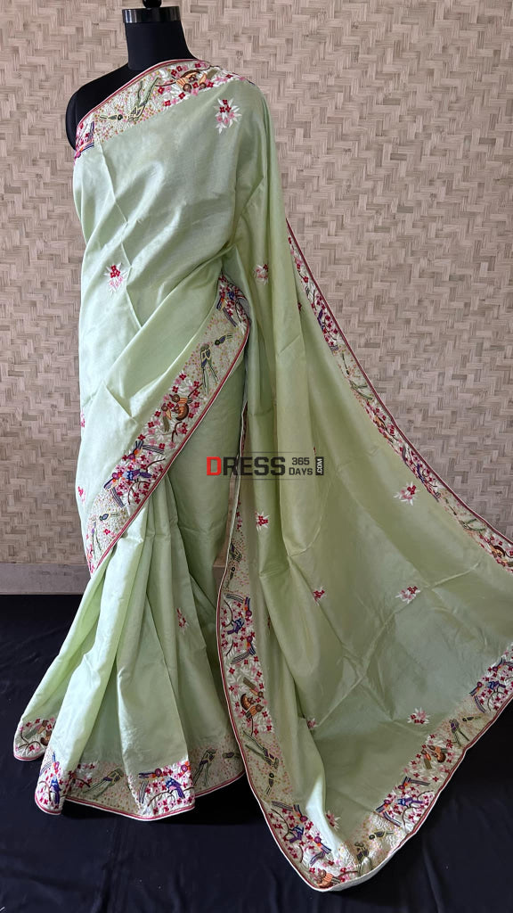 Exclusive Light Green Tussar Silk Parsi Gara Saree
