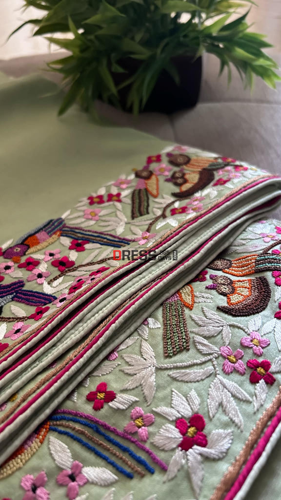 Exclusive Light Green Tussar Silk Parsi Gara Saree