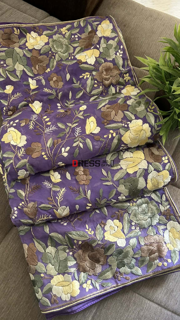 Exclusive Lilac Parsi Gara Dupatta with Floral Multicolour Embroidery Parsi Gara Dupatta