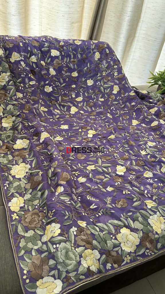 Exclusive Lilac Parsi Gara Dupatta with Floral Multicolour Embroidery Parsi Gara Dupatta
