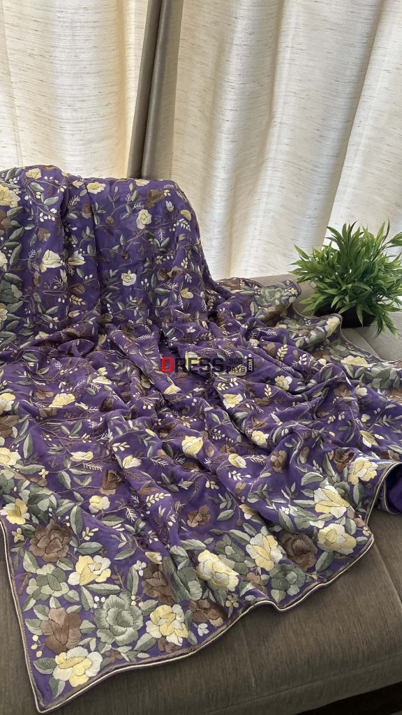 Exclusive Lilac Parsi Gara Dupatta with Floral Multicolour Embroidery Parsi Gara Dupatta