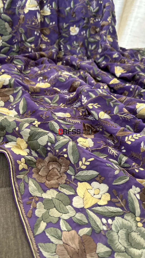 Exclusive Lilac Parsi Gara Dupatta with Floral Multicolour Embroidery Parsi Gara Dupatta