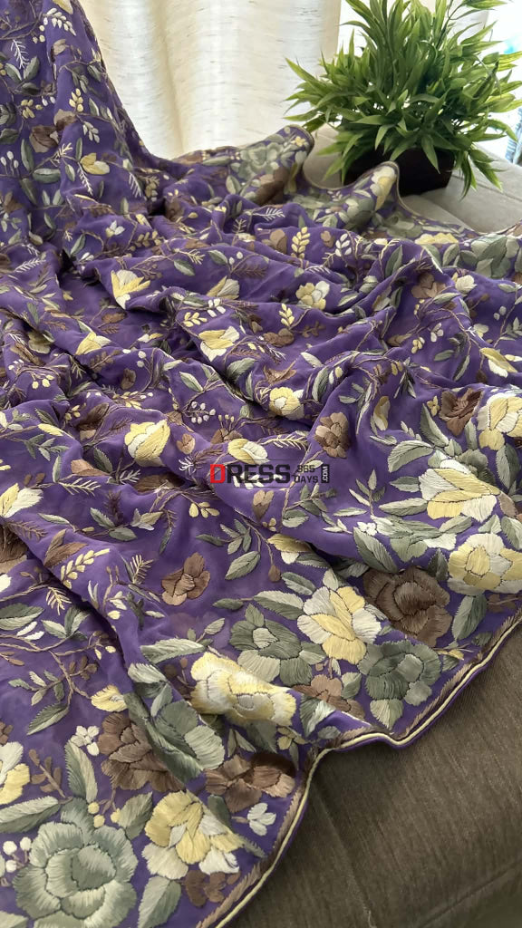 Exclusive Lilac Parsi Gara Dupatta with Floral Multicolour Embroidery Parsi Gara Dupatta