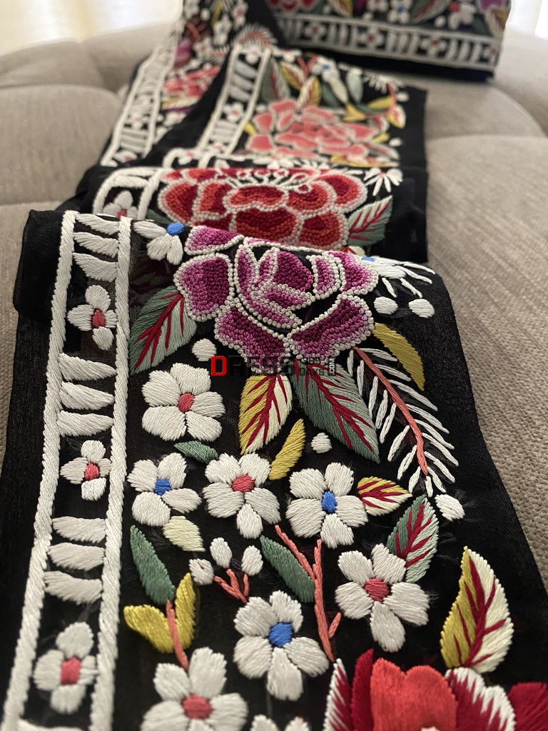 Multicolour Parsi Hara Hand Embroidered Border and Laces