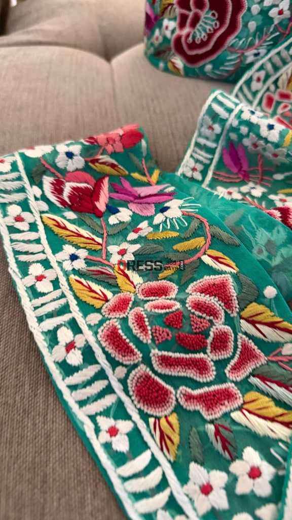 Exclusive Parsi Gara Hand Embroidered Border (Green)
