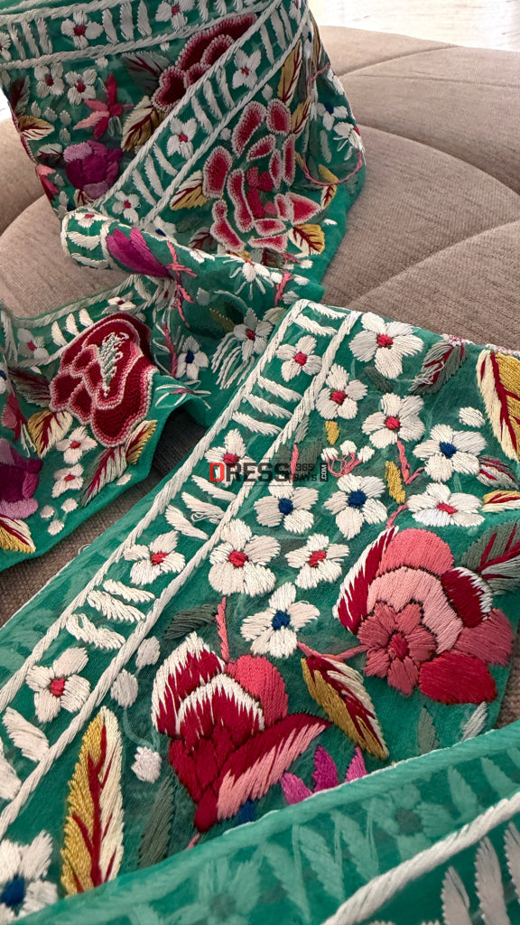 Exclusive Parsi Gara Hand Embroidered Border (Green)
