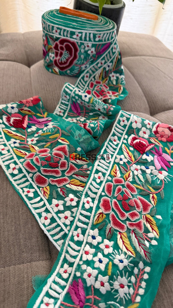 Exclusive Parsi Gara Hand Embroidered Border (Green)