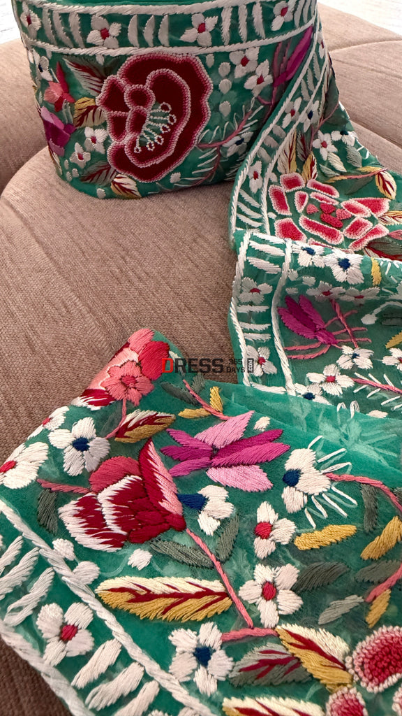 Exclusive Parsi Gara Hand Embroidered Border (Green)