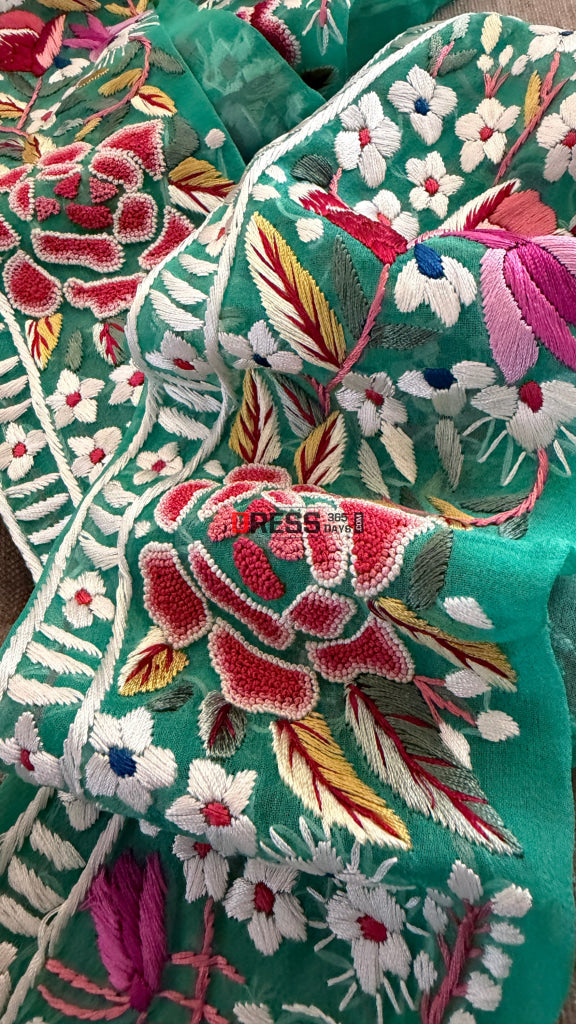 Exclusive Parsi Gara Hand Embroidered Border (Green)