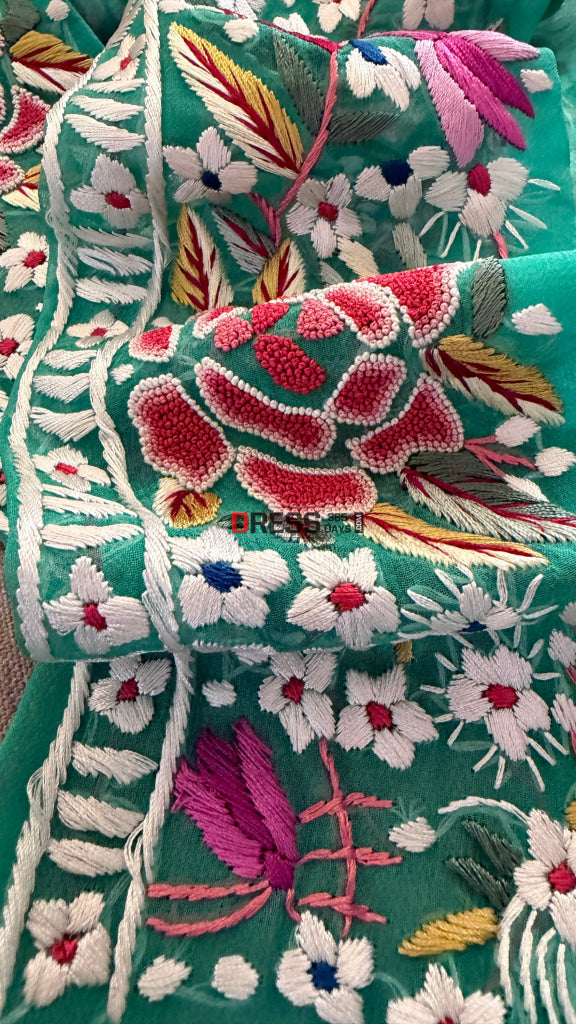 Exclusive Parsi Gara Hand Embroidered Border (Green)