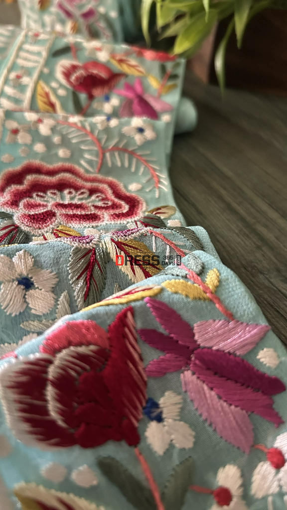 Exclusive Parsi Gara Hand Embroidered Border (Sea Green)