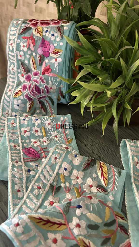 Exclusive Parsi Gara Hand Embroidered Border (Sea Green)