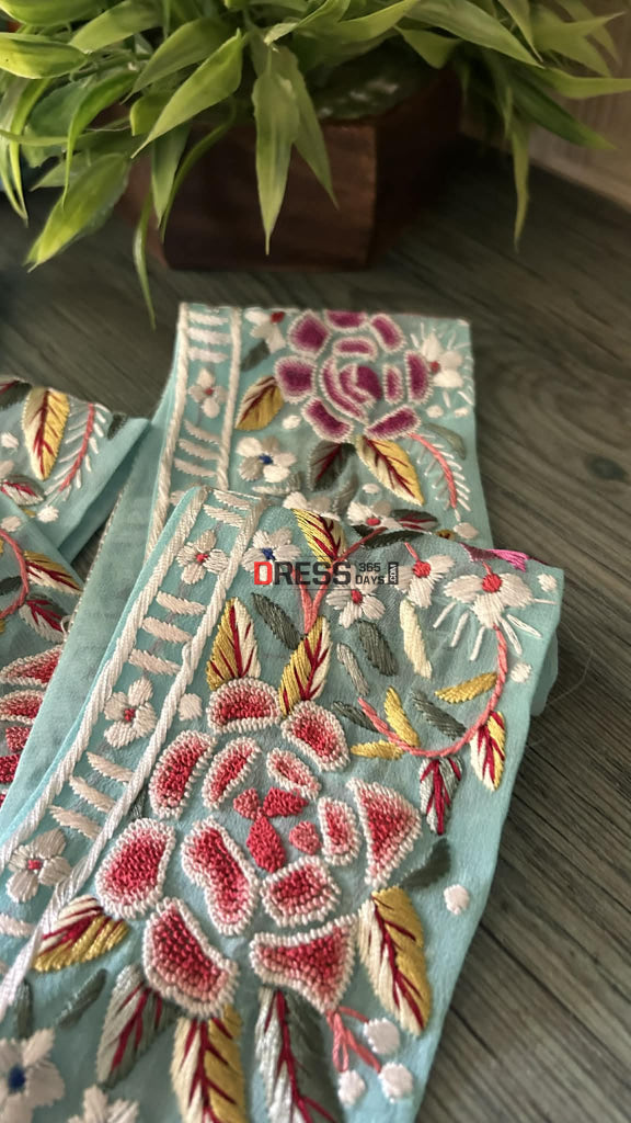 Exclusive Parsi Gara Hand Embroidered Border (Sea Green)