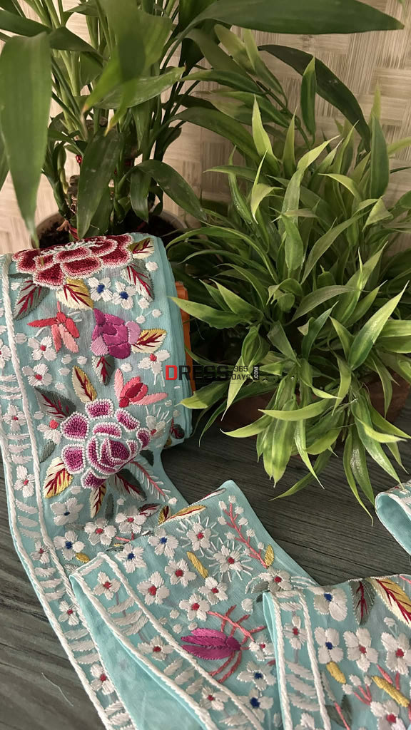 Exclusive Parsi Gara Hand Embroidered Border (Sea Green)