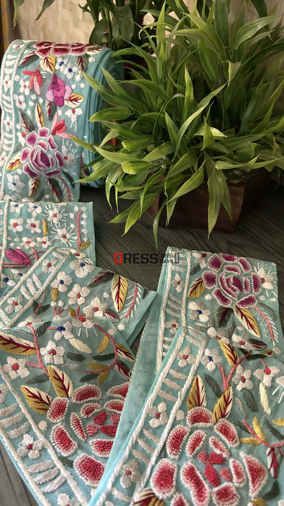 Exclusive Parsi Gara Hand Embroidered Border (Sea Green)