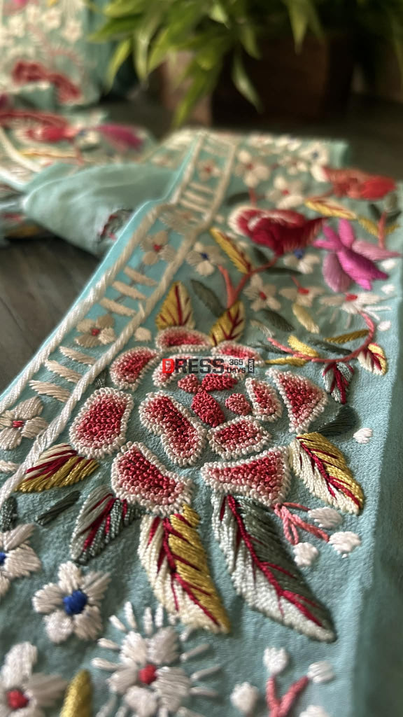 Exclusive Parsi Gara Hand Embroidered Border (Sea Green)