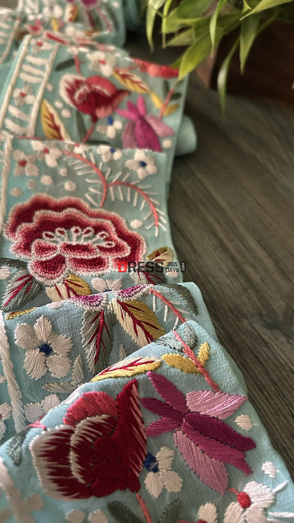 Exclusive Parsi Gara Hand Embroidered Border (Sea Green)