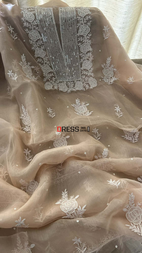 Exclusive Pastel Pink Organza Chikankari Pearl Suit - Chikankari Suits