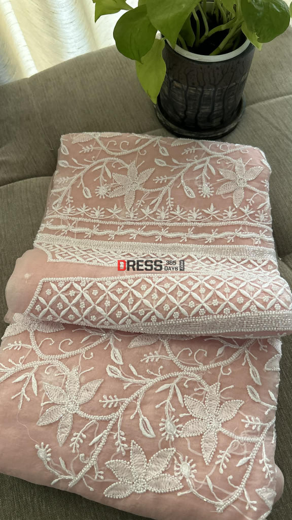 Exclusive Pastel Pink Organza Pearl Chikankari Suit - Chikankari Suits