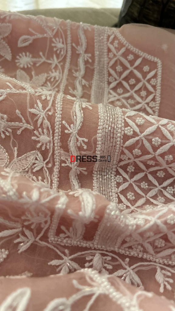 Exclusive Pastel Pink Organza Pearl Chikankari Suit - Chikankari Suits