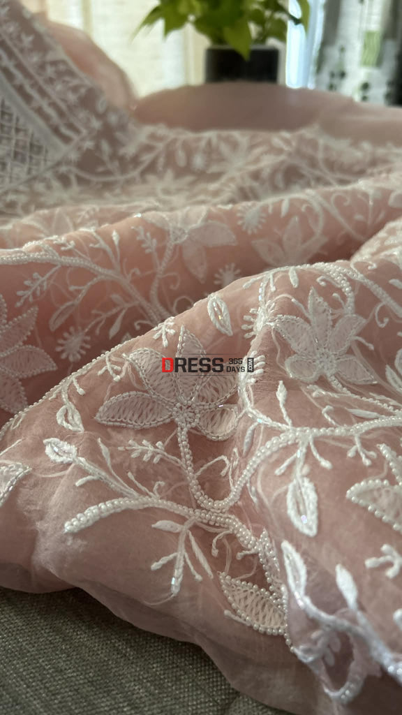 Exclusive Pastel Pink Organza Pearl Chikankari Suit - Chikankari Suits