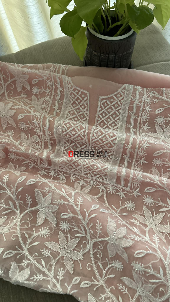 Exclusive Pastel Pink Organza Pearl Chikankari Suit - Chikankari Suits