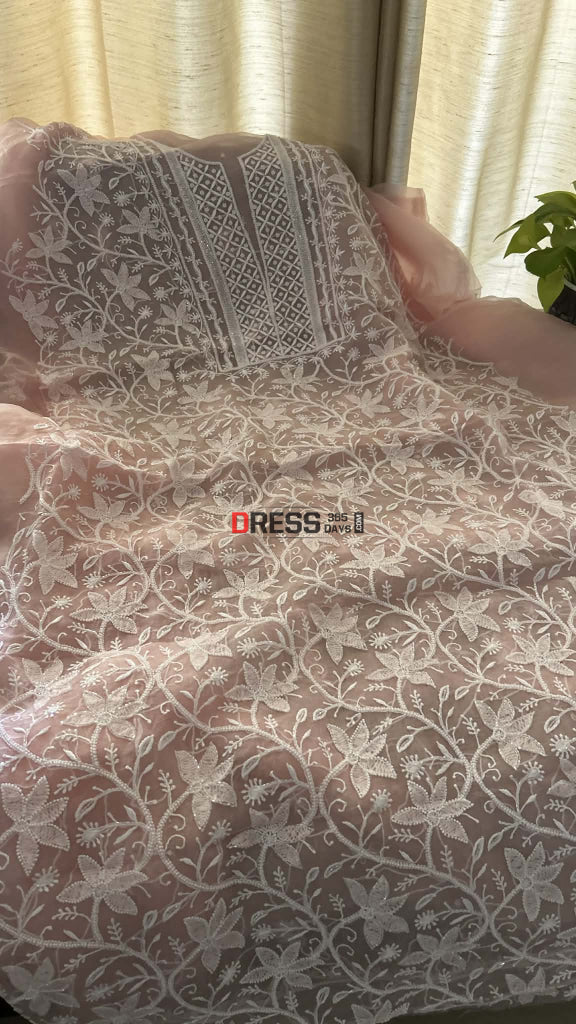 Exclusive Pastel Pink Organza Pearl Chikankari Suit - Chikankari Suits