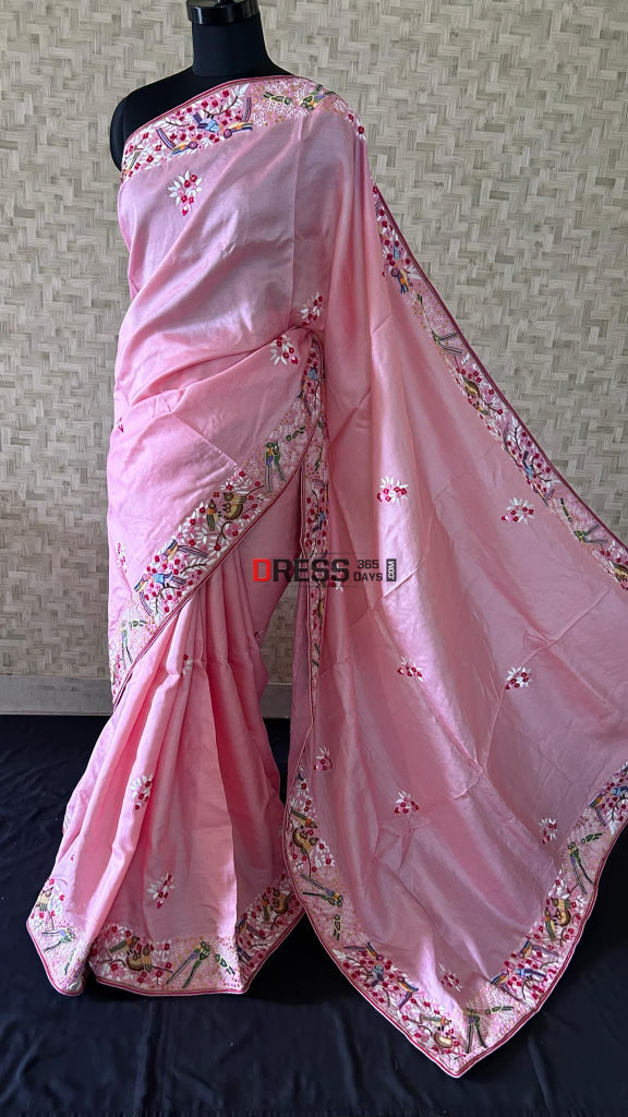 Exclusive Pastel Pink Tussar Silk Parsi Gara Saree