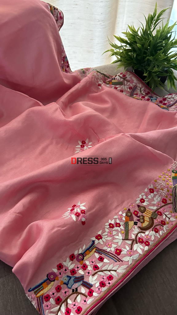 Exclusive Pastel Pink Tussar Silk Parsi Gara Saree