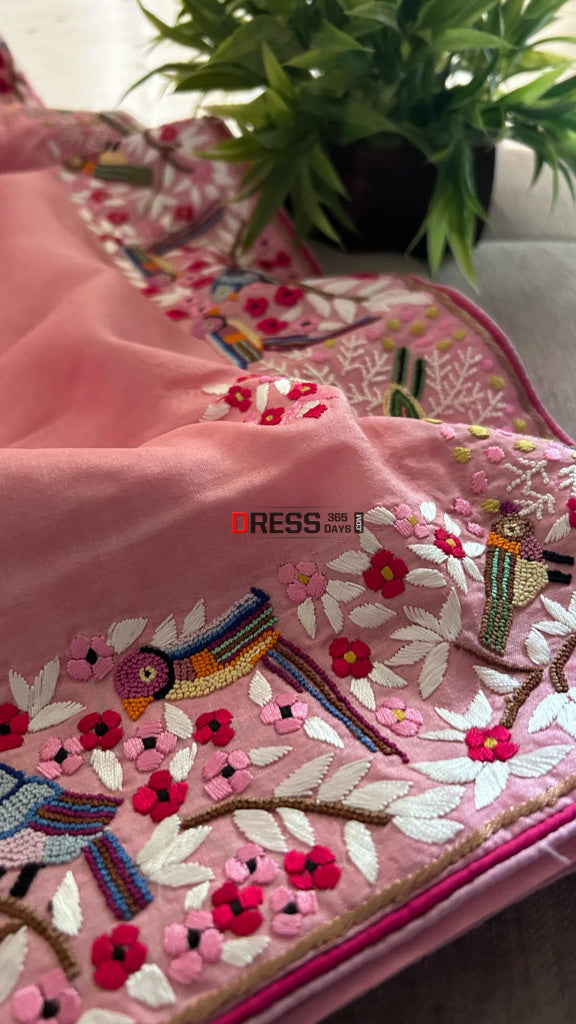 Exclusive Pastel Pink Tussar Silk Parsi Gara Saree