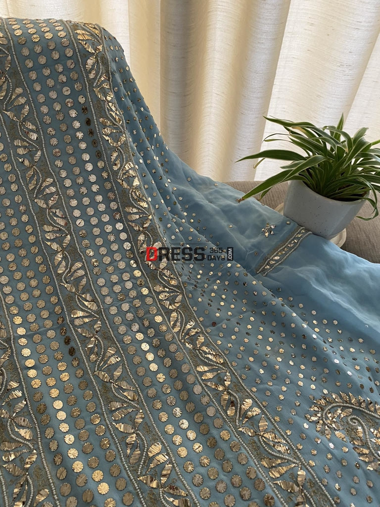 Exclusive Powder Blue Kamdani & Pearl Suit Chikankari Suits