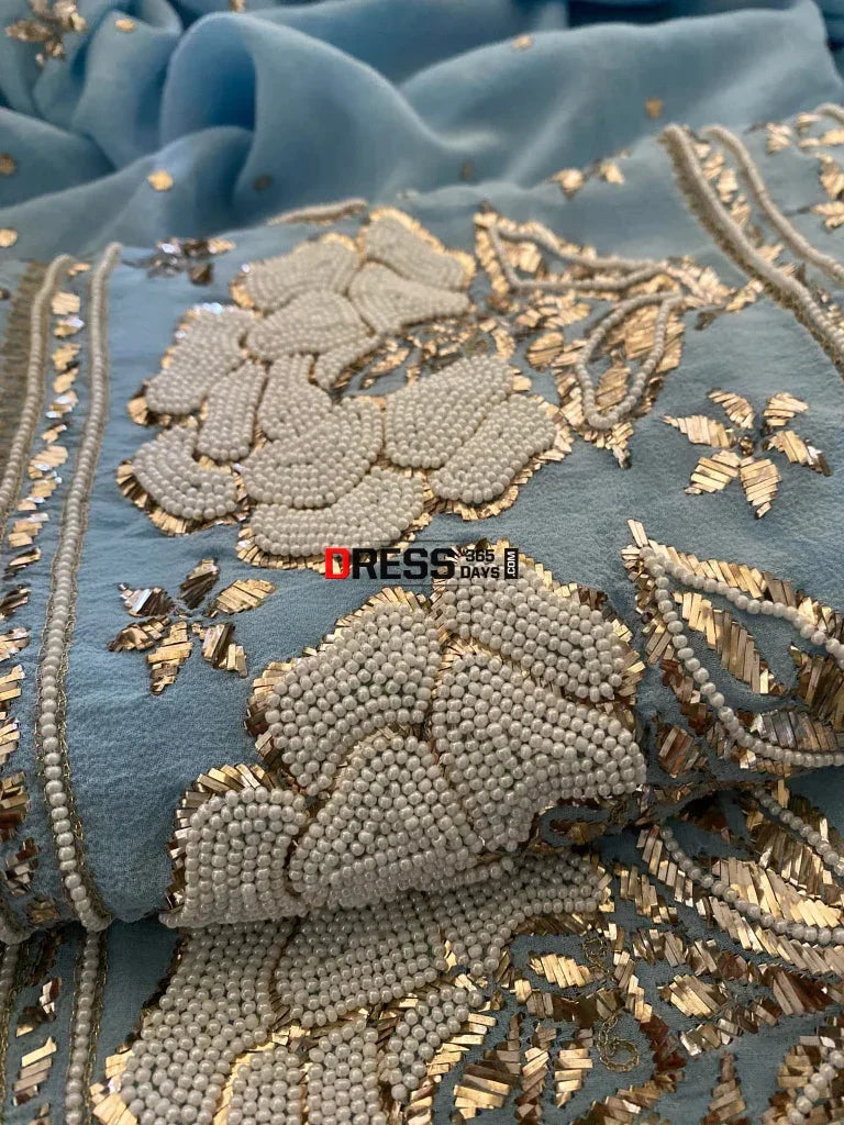 Exclusive Powder Blue Kamdani & Pearl Suit Chikankari Suits