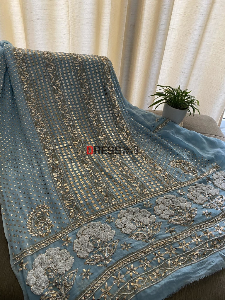 Exclusive Powder Blue Kamdani & Pearl Suit Chikankari Suits