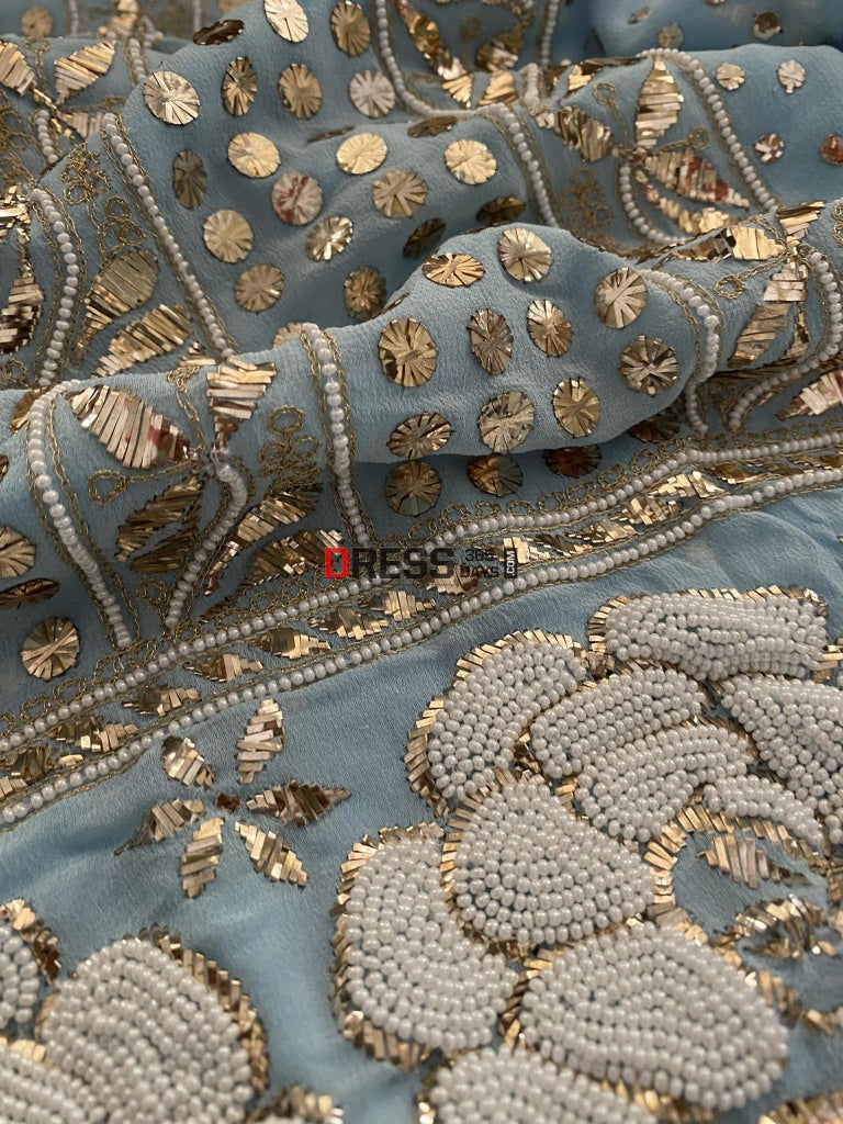 Exclusive Powder Blue Kamdani & Pearl Suit Chikankari Suits