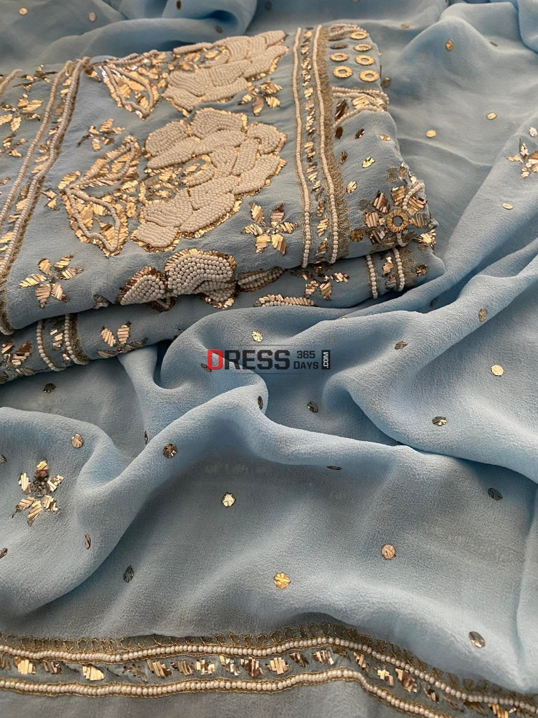 Exclusive Powder Blue Kamdani & Pearl Suit Chikankari Suits