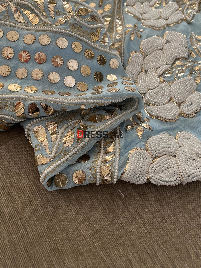 Exclusive Powder Blue Kamdani & Pearl Suit Chikankari Suits