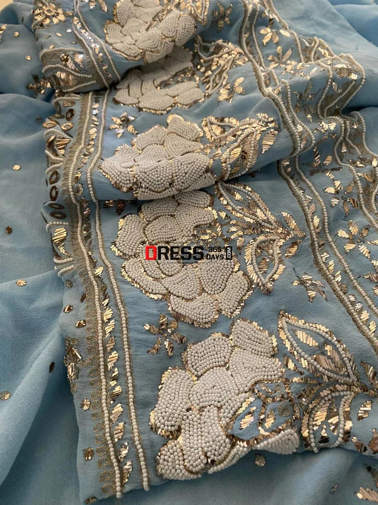 Exclusive Powder Blue Kamdani & Pearl Suit Chikankari Suits