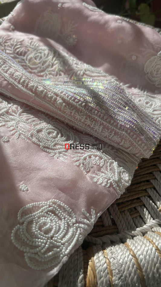 Exclusive Powder Pink Organza Chikankari Pearl Suit Chikankari Suits