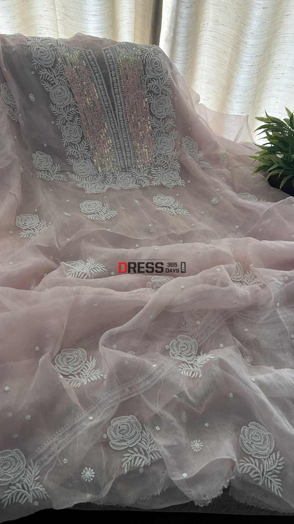 Exclusive Powder Pink Organza Chikankari Pearl Suit Chikankari Suits