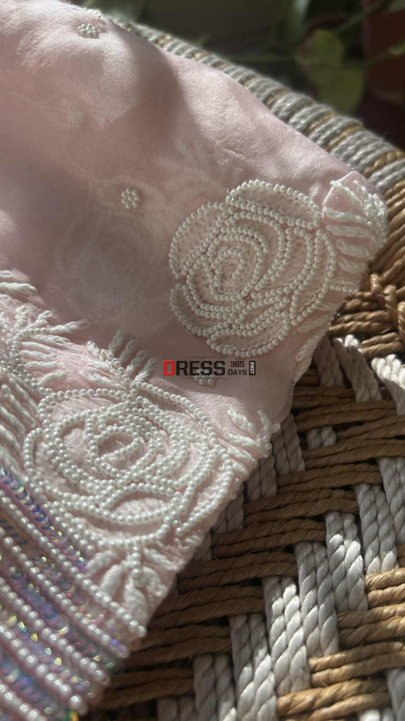 Exclusive Powder Pink Organza Chikankari Pearl Suit Chikankari Suits