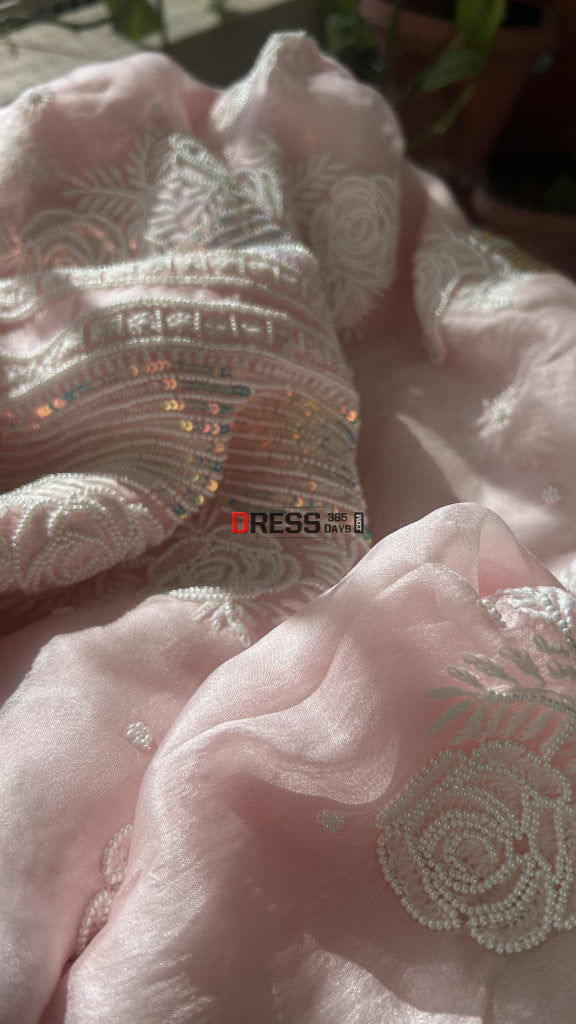 Exclusive Powder Pink Organza Chikankari Pearl Suit Chikankari Suits