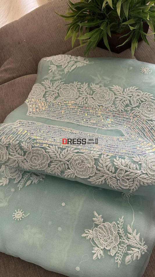 Exclusive Sea Green Organza Pearl Chikankari Suit Chikankari Suits