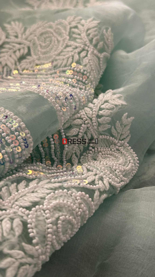 Exclusive Sea Green Organza Pearl Chikankari Suit Chikankari Suits