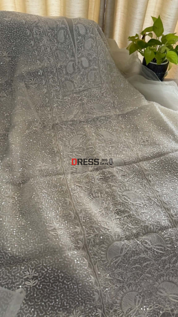 Exclusive White Full Jaal Organza Pearl Sequin Chikankari Suit - Chikankari Suits