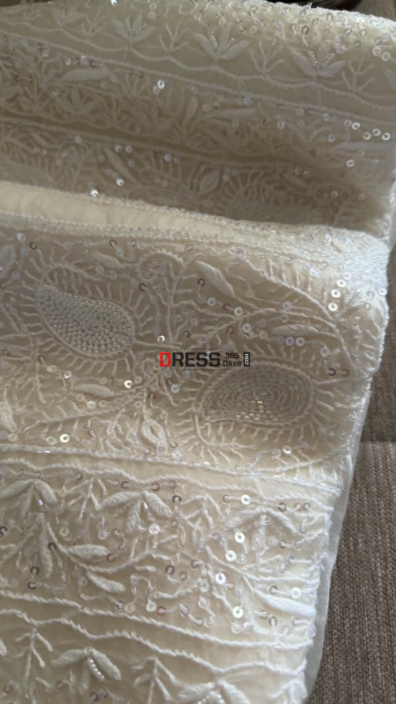 Exclusive White Full Jaal Organza Pearl Sequin Chikankari Suit - Chikankari Suits