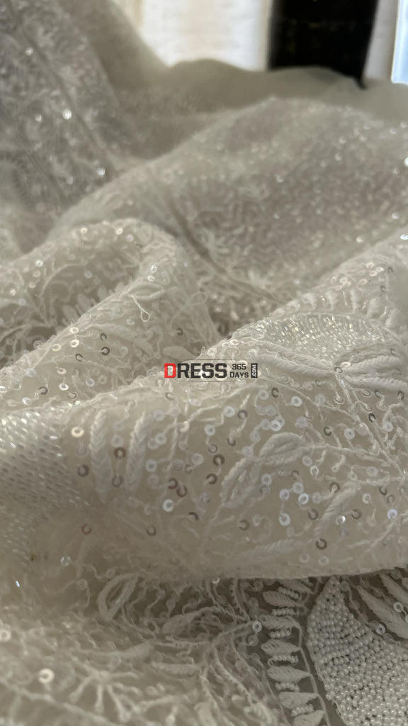 Exclusive White Full Jaal Organza Pearl Sequin Chikankari Suit - Chikankari Suits